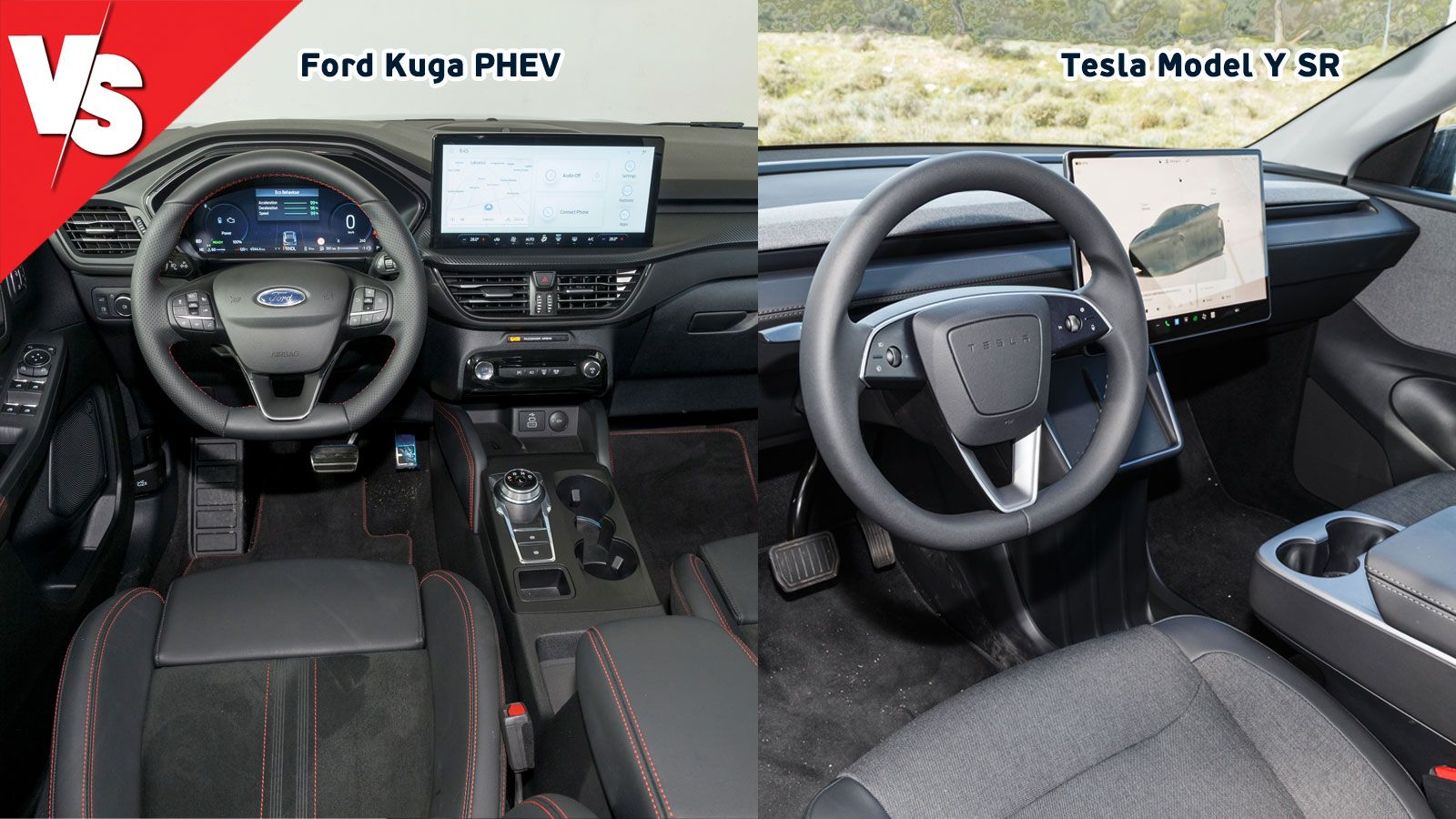 To Ford Kuga είναι πολύ καλό ποιοτικά και σύγχρονο στο εσωτερικό του, με την ST-Line X έκδοση να του προσφέρει και σπορ φινίρισμα. Το Tesla Model Y δι